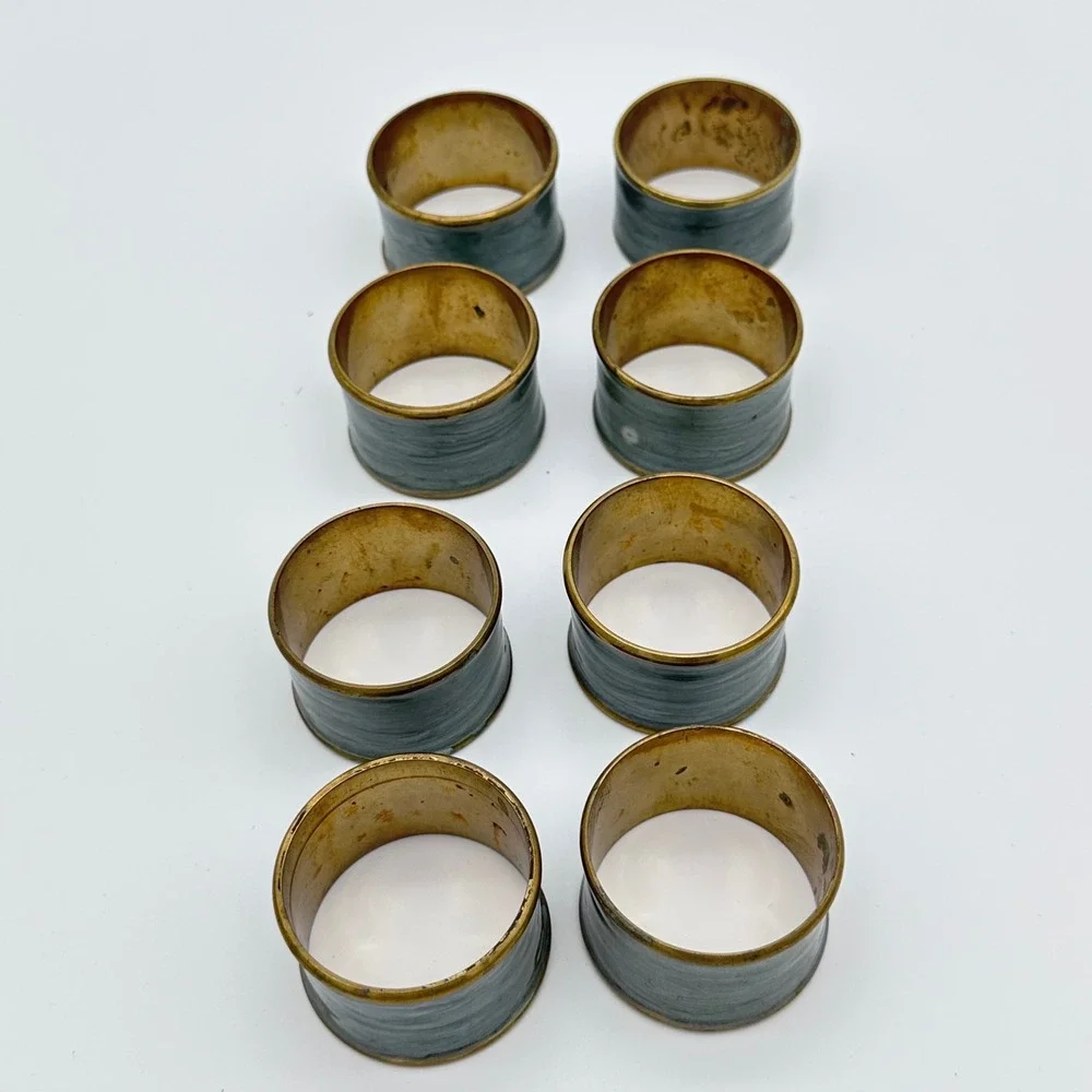 Vintage Napkin Rings Set of 8 Gray Enamel Brass Faux Pearlized Marbled